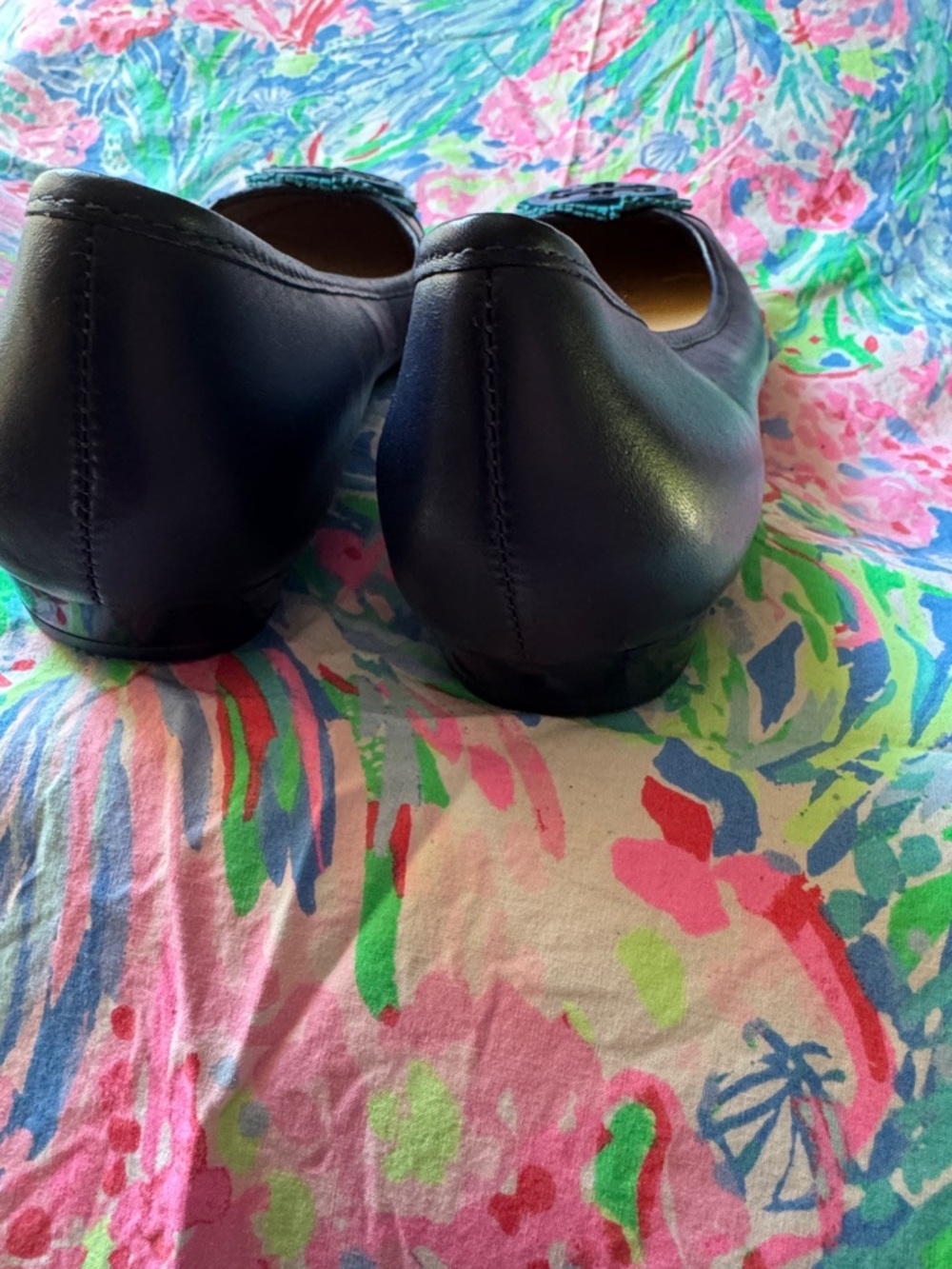 Tory Burch Navy Leather Ballet Flats with Turquoise Logo Disc - Picture 6 of 6